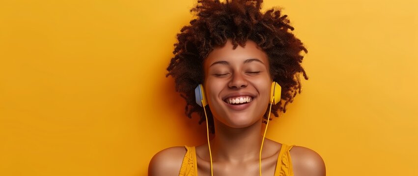 woman laughing and listening to music with headphones on a yellow background, copy space concept