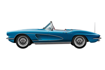 Passenger retro classic sport blue car isolated on a white background, with clipping path. Full Depth of field. Focus stacking, side view
