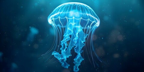 Bioluminescent jellyfish shining in ocean depths reveal the beauty of the underwater world. Concept Marine Life, Bioluminescence, Underwater Photography, Ocean Exploration, Jellyfish Adaptation