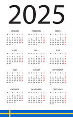 Calendar 2025 - vector illustration. Swedish version