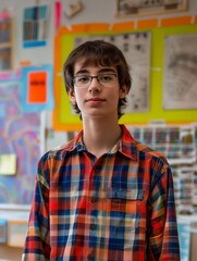 Obraz premium A young boy in glasses standing in front of a wall.