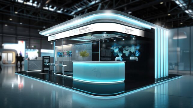 Modern exhibition booth with sleek design and glowing neon lights, perfect for showcasing products at a trade show or business event.