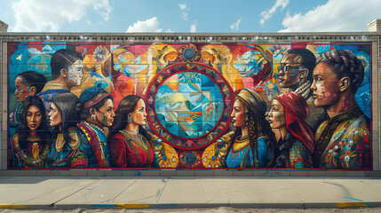 A large mural depicting various cultural and religious icons,