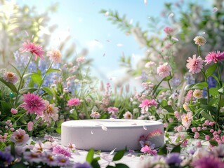 Product podium for product presentation and display with garden summer and spring flowers, floral summer background podium for cosmetic, with nature in the background. Generating AI