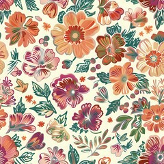 Nature-Inspired Seamless Pattern with Bright Hand-Painted Flowers