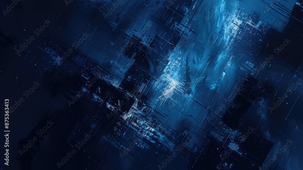 Poster abstract blue digital data streams on a dark background. digital image of future cityscape with blue