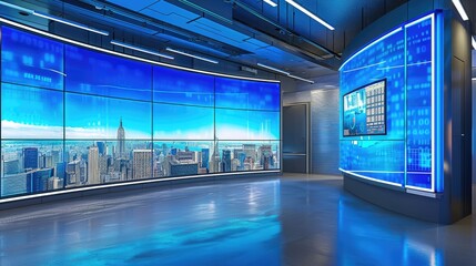 Modern news studio with large LED screens, cityscape backdrop, blue lighting, and high-tech design for broadcasting and presentations.