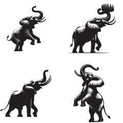 4 sets black of  Elephant Lifting Trunk silhouette isolated on white background png jpeg eps transparents