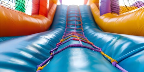 Obraz premium Indoor inflatable playground with colorful kids zone and safety net for playing. Concept Indoor Playground, Inflatable Zone, Kid-Friendly Play Area, Safety Net, Colorful Environment