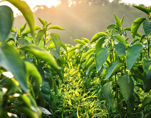 Obraz premium close up Green pepper field in summer