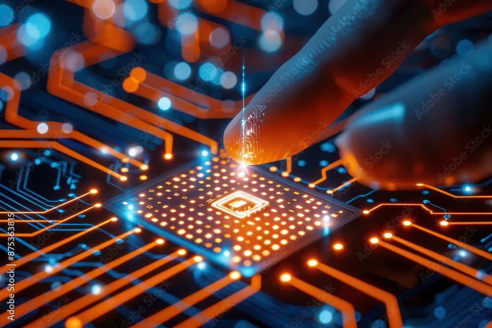 Poster close-up of a finger touching a glowing microchip on a circuit board, representing advanced technolo