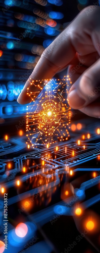 Poster close-up of a hand interacting with a futuristic holographic interface, showcasing advanced technolo