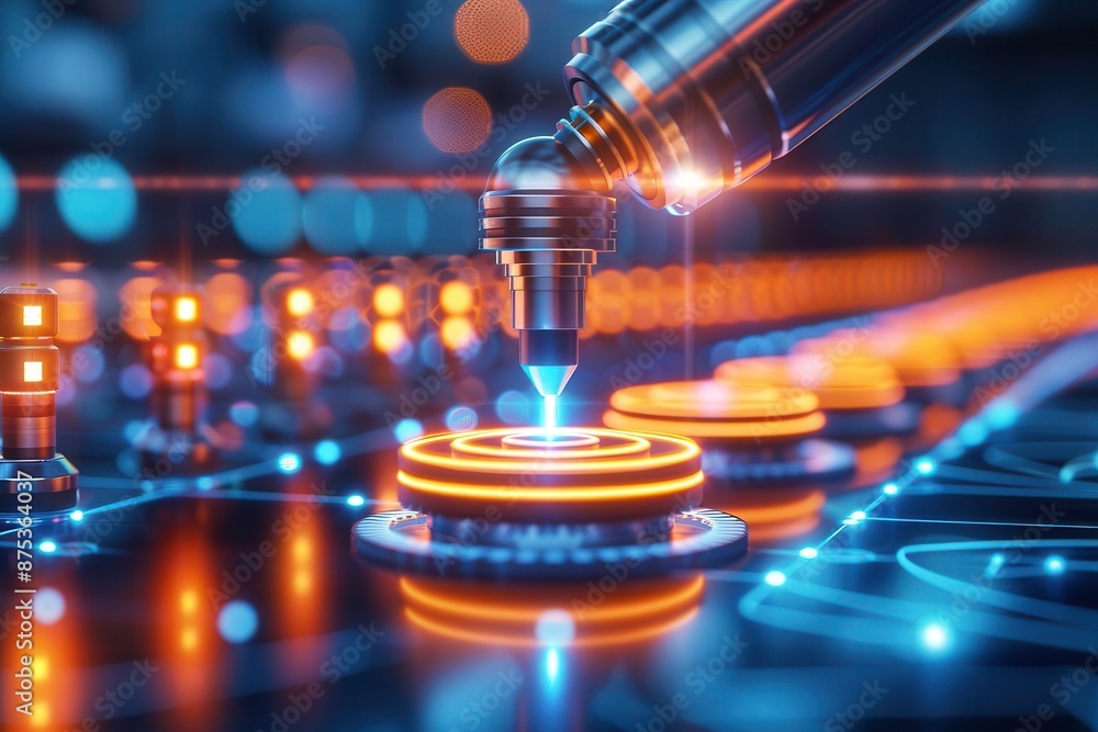 Poster close-up of advanced robotic machinery working on a futuristic electronic component, highlighting pr