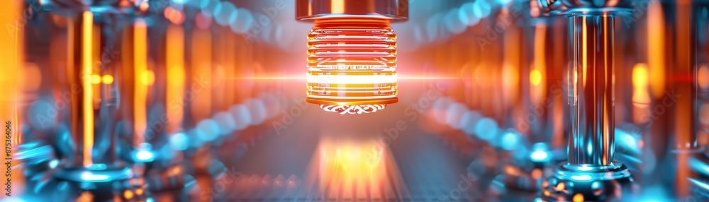 Poster close-up of an industrial mechanical component with a futuristic metallic design, illuminated by dyn