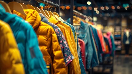Fototapeta premium Colorful Winter Jackets on Display in Boutique Store - Fashion Retail Shopping. Generative ai