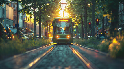 Obraz premium Eco friendly tram is running through city street with many green trees on side