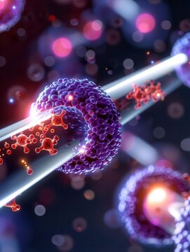 Conceptual illustration of a nanotechnology-based cancer treatment showing nanoparticles targeting cancer cells for medical research.