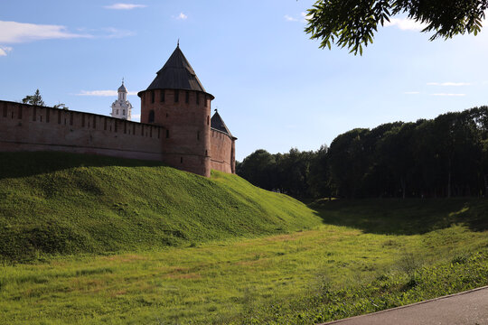 NOVGOROD, RUSSIA - June 26, 2024: Evening view of the wall of the Novgorod Kremlin.