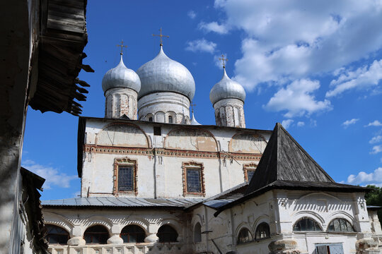 NOVGOROD, RUSSIA - June 26, 2024: View of the domes of the Znamensky Cathedral.