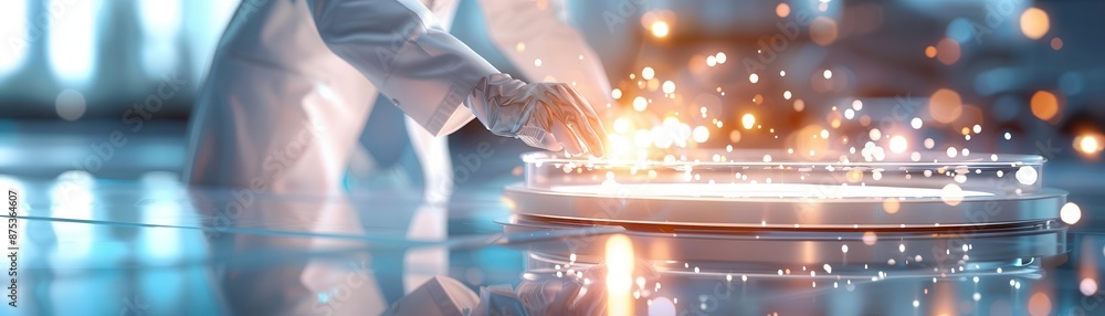 Poster futuristic lab scene with a scientist interacting with a glowing, high-tech interface, showcasing in