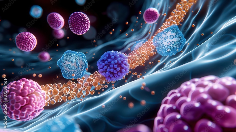 Poster futuristic microscopic visualization of cells and particles floating in a fluid medium with vibrant 
