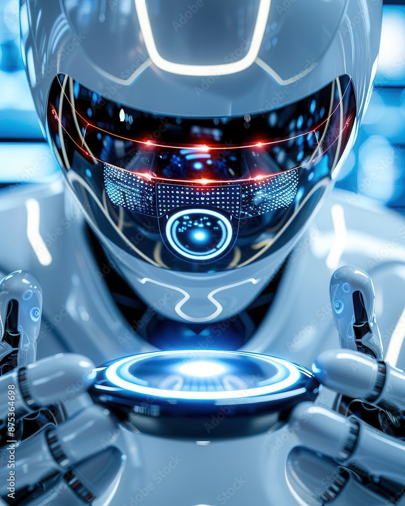 Poster futuristic robot analyzing holographic data, showcasing advanced technology and ai integration.