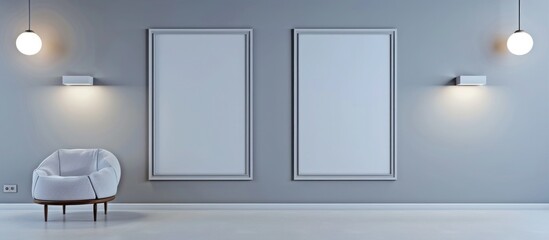A modern study with a light grey wall, displaying two empty frames side by side, each frame highlighted by dedicated spotlights.