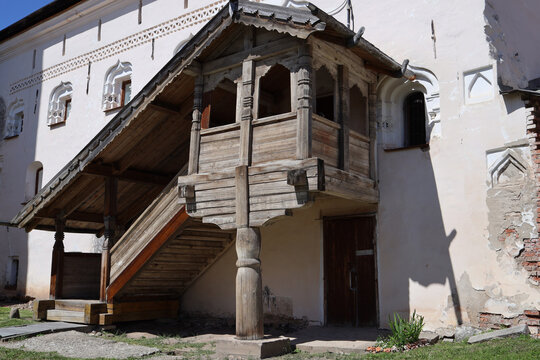 NOVGOROD, RUSSIA - June 26, 2024: View of the old wooden porch in the Kremlin.