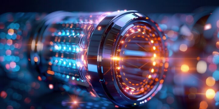 Futuristic quantum processor with glowing lights and intricate design, representing advanced technology and innovation in computer science.