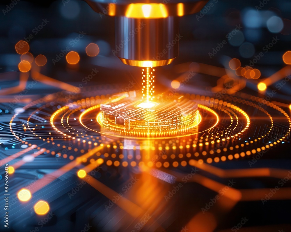 Poster high-tech visual of laser precision manufacturing in a futuristic circuit board. perfect for technol