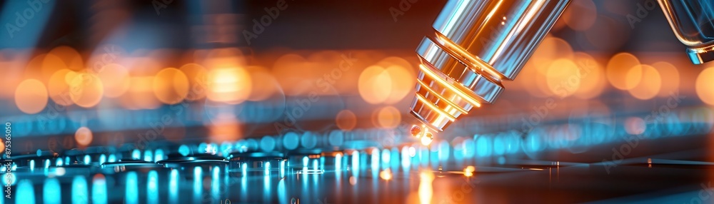 Poster macro close-up of a microscope at work in a laboratory setting with blurred background, highlighting