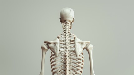 Rear view of a human skeleton model against a neutral background, showcasing vertebrae and rib cage structure.
