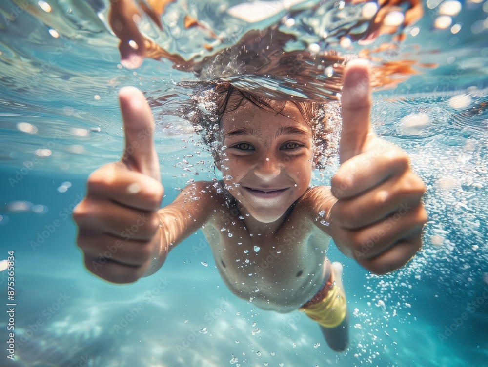 Wall mural underwater portrait of happy boy with thumbs up gesture in swimming pool.