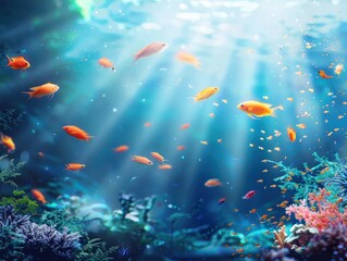 Fototapeta premium underwater coral reef seascape background with small colorful fish and transparent water