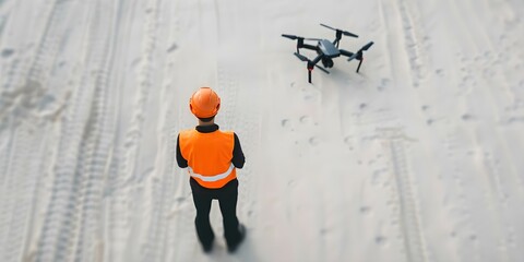 Performing an aerial site inspection with a drone. Concept Drone Technology, Aerial Imaging, Site Inspection, Remote Monitoring, Precision Surveying