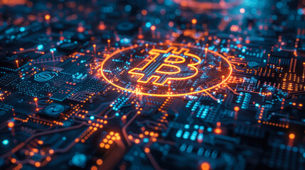 Fototapeta premium Futuristic Bitcoin Network: Vibrant Digital Cryptocurrency and Blockchain
