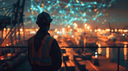 Obraz premium A worker in a hard hat and safety vest stands overlooking a busy harbor at night. The scene is illuminated by bright lights and the glow of distant ships.