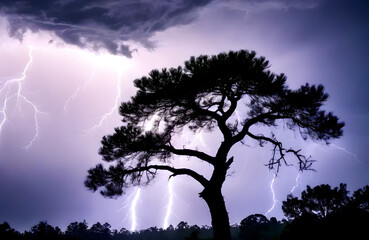 Fototapeta premium Tree against the background of thunderstorm lightning
