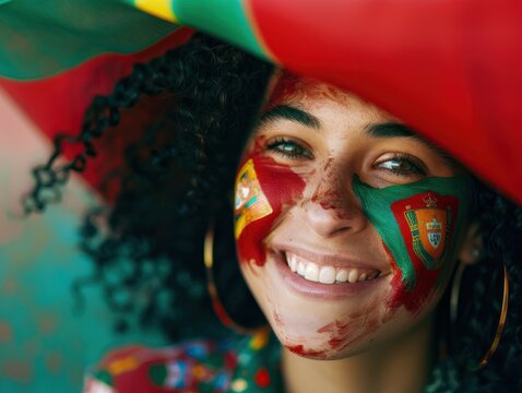 Vibrant Portrait of a Joyful Female Portugal Supporter with a Portugese Flag Painted on Her Face, Celebrating at UEFA EURO 2024