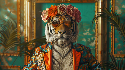Tigre anthropomorphe avec couronne de fleurs dans un salon à la décoration baroque