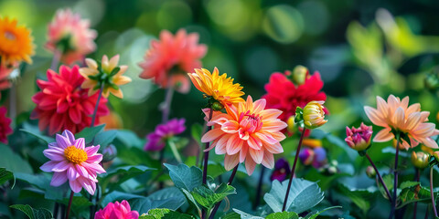 Blooming Dahlias in a Summer Garden