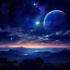Fototapeta premium Alien Planet Illustration - Sunrise Over Mountains and Water with Blue Planet and Stars