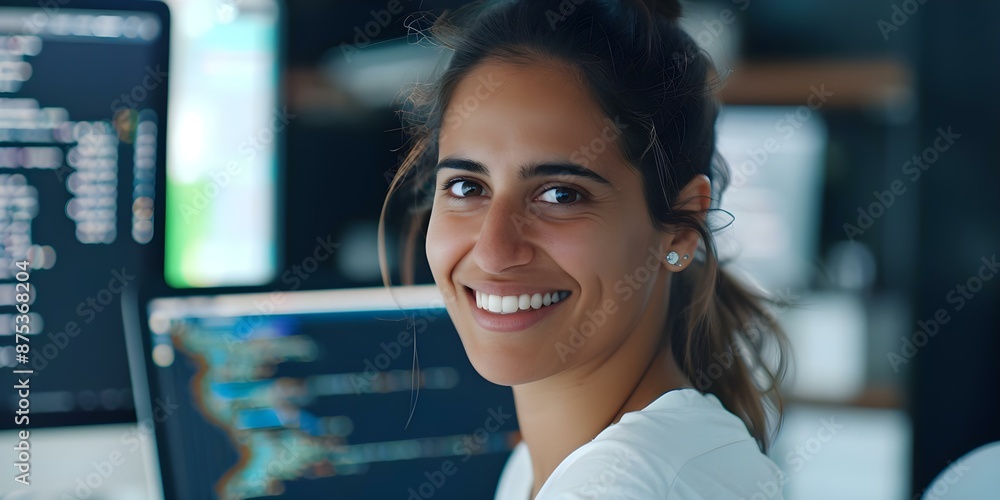 Poster young woman happily coding on computer screen in a femtech office. concept femtech, coding, technolo