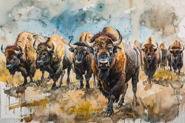 A painting of a herd of buffalo with one of them looking directly at the viewer