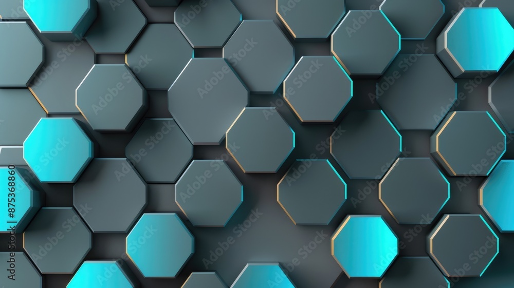 Poster abstract 3d hexagonal shapes with teal highlights. digital image of 3d hexagon or honeycomb shape wi