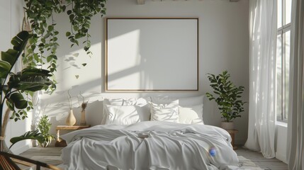 Poster frame mockup in white cozy bedroom interior with double bed