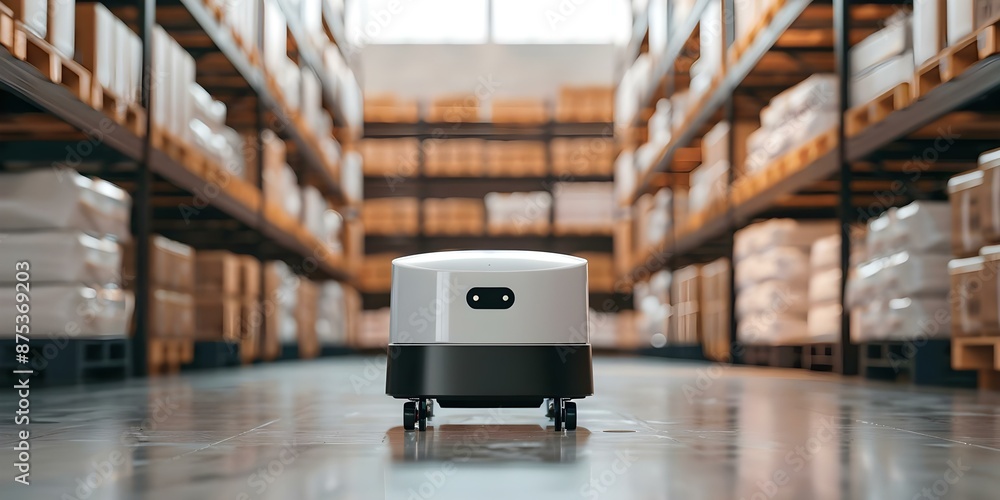 Poster delivery robot with sensors parked in warehouse with goods on shelves. concept autonomous robotics, 