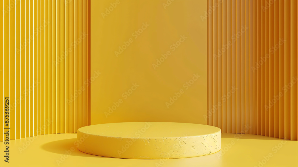 Poster an empty room interior design with a yellow pedestal display on a vivid background, featuring a blan