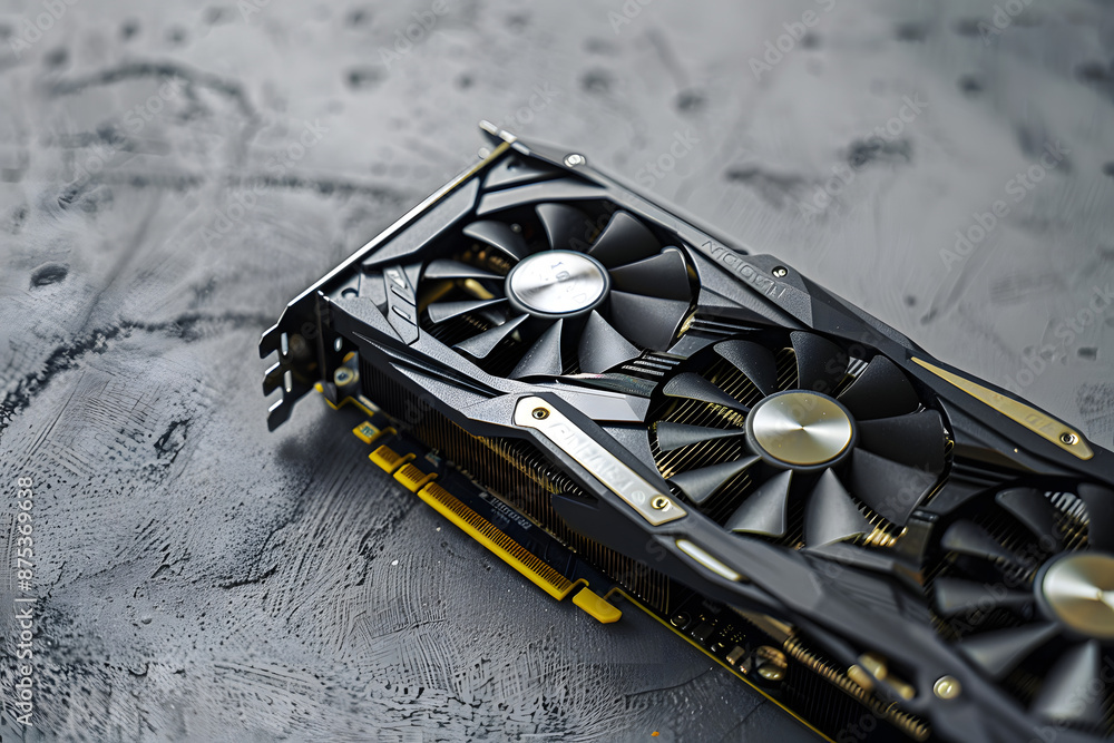 Fototapete computer graphics card on gray textured background, closeup. space for text