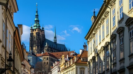 Fototapeta premium A beautiful cityscape with a large cathedral and a small building. Generate AI image